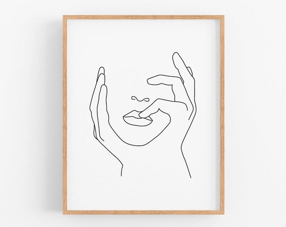 Hands On Face Lips Print Black And White Sketch Art Line Drawing Print Minimalist Woman Print Minimal Art Simple Fashion Woman Art