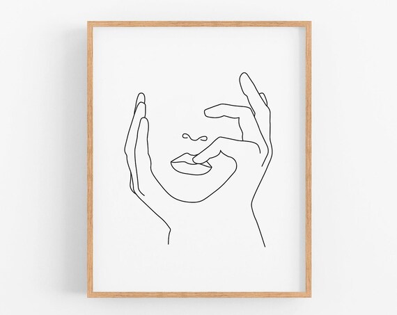 Woman Lips Touched by Hands Single Line Drawing Modern Art Poster