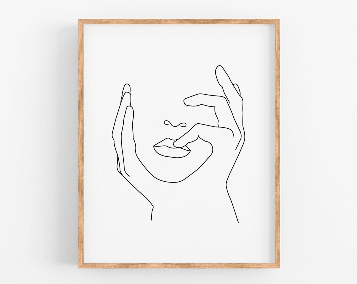 Woman Lips Touched by Hands Single Line Drawing Modern Art Poster