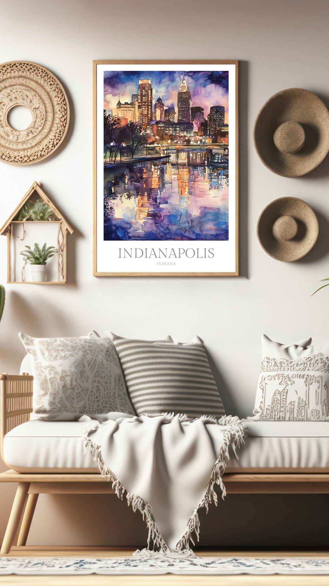 Indianapolis Indiana Night Skyline Watercolor City Travel Poster - Image 2