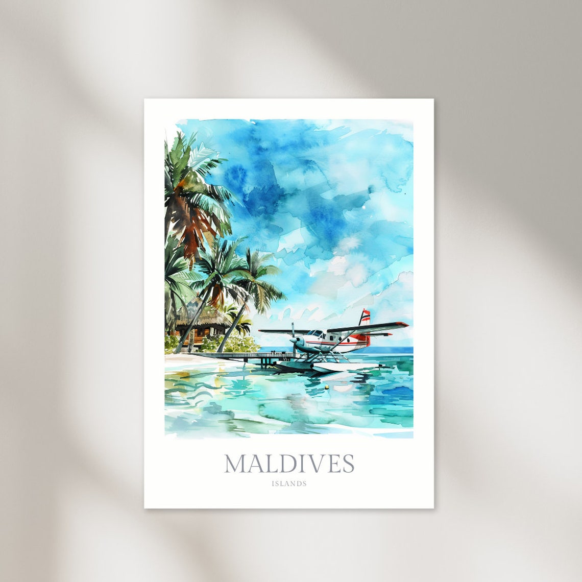 Maldives Islands Seaplane Tropical Island Dock Watercolor Poster