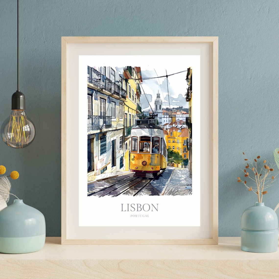 Lisbon Portugal Watercolor Travel Poster with Yellow Tram on Street - Image 2