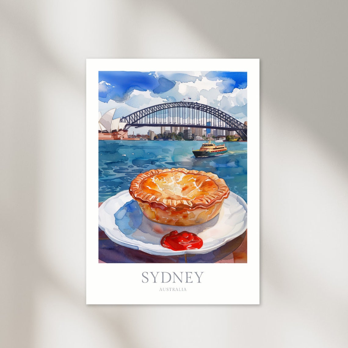 Sydney Australia Meat Pie Harbour Bridge Watercolor Food Poster