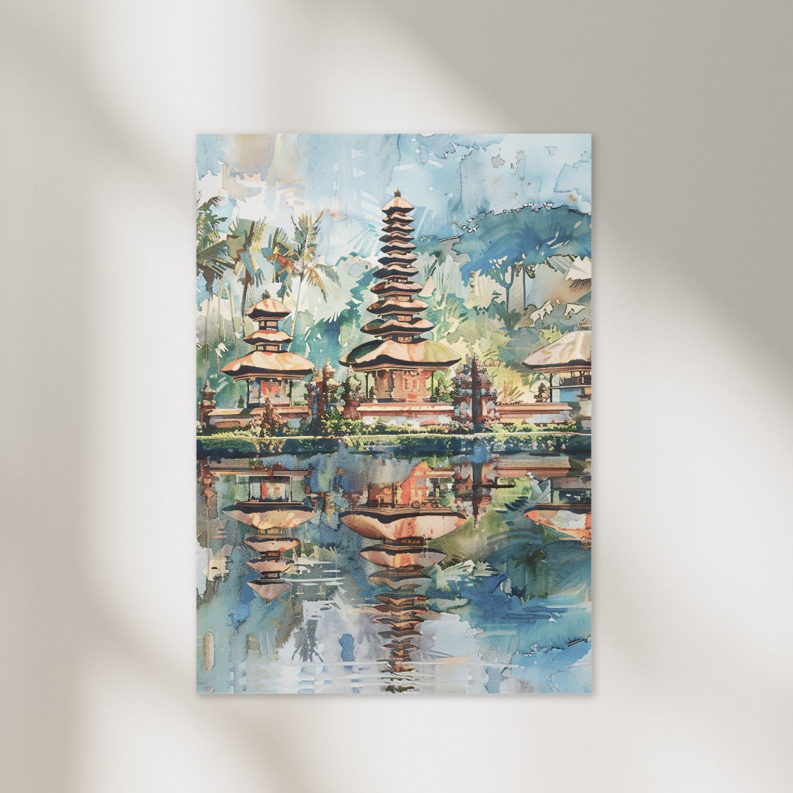 Bali Temple Lake Reflection Soft Watercolor Travel Art Poster
