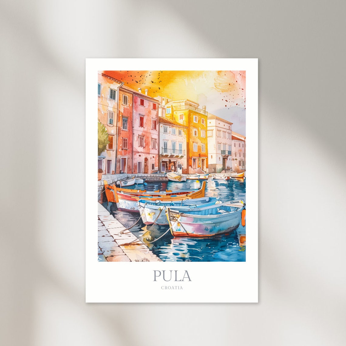 Pula Croatia Harbor Boats Watercolor Quay Sunset Travel Poster