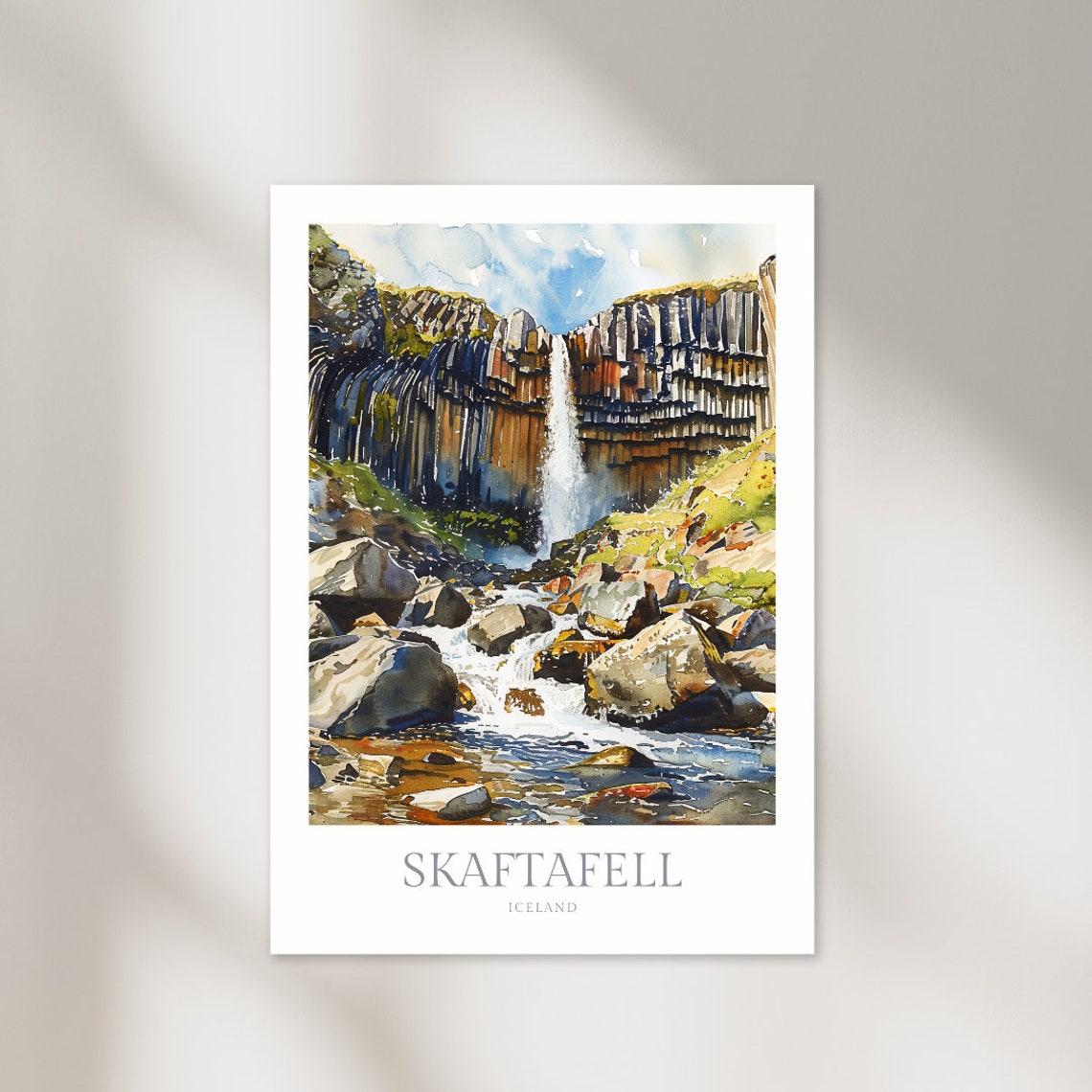 Skaftafell Iceland Watercolor Basalt Waterfall Scenic Travel Poster