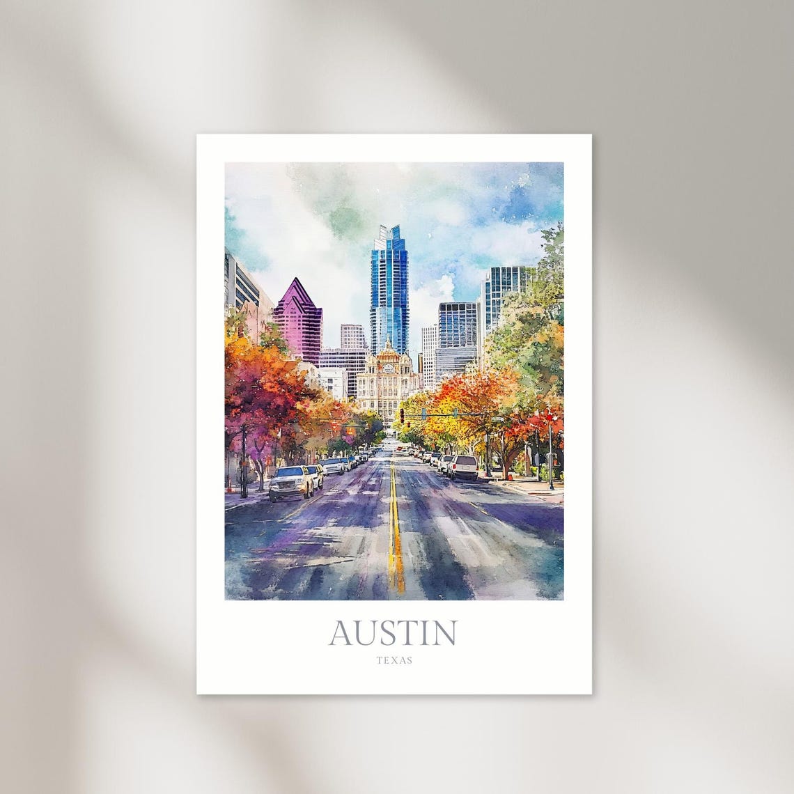 Austin Texas Watercolor Downtown Skyline Cityscape Travel Poster