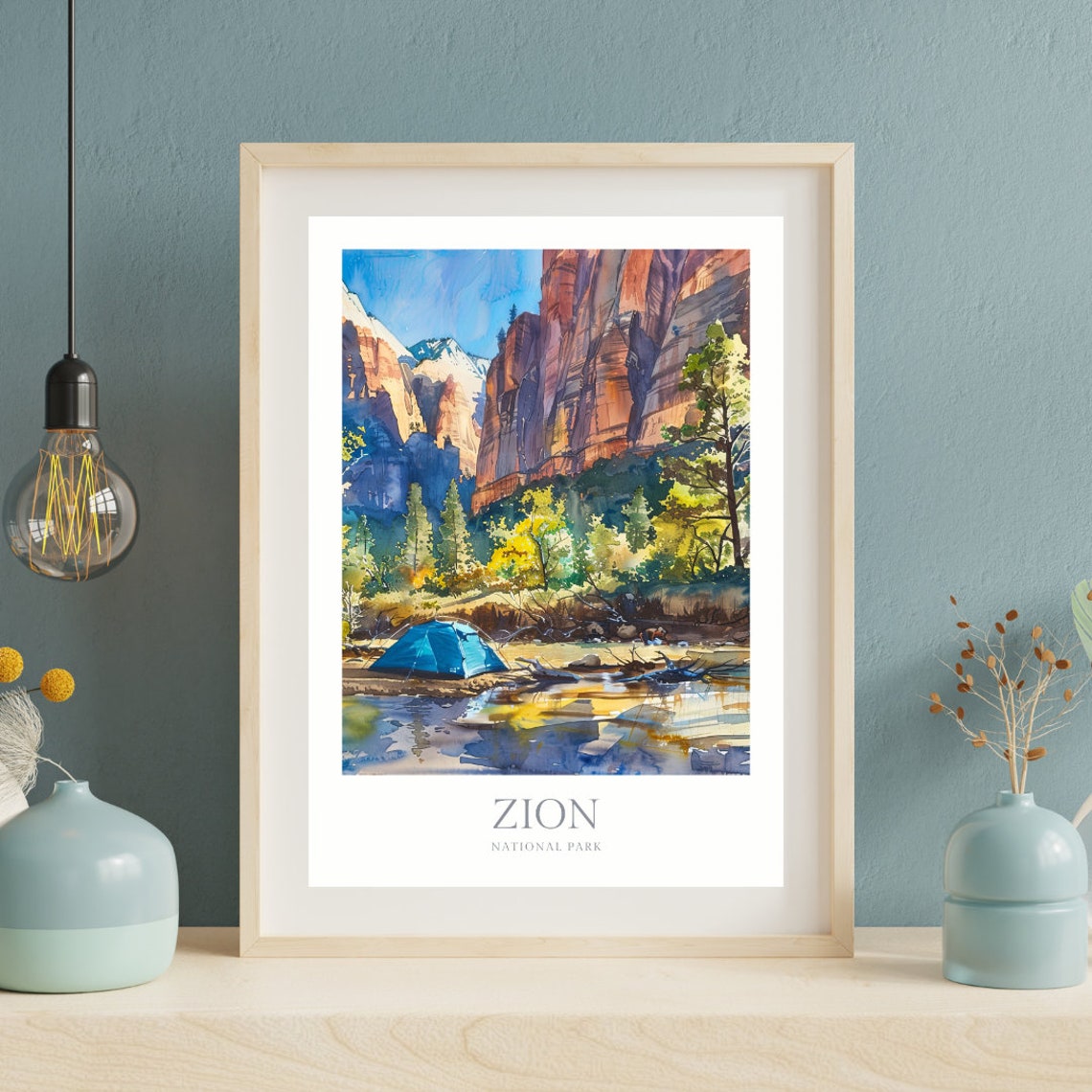 Zion National Park Watercolor Red Canyon Cliffs River Camping Poster - Image 2