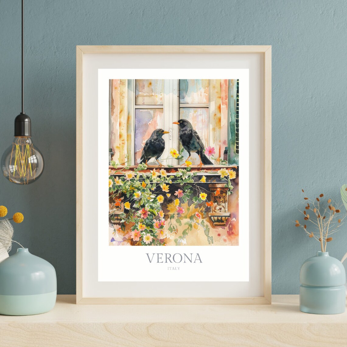 Verona Italy Blackbirds Window Flowers Watercolor Travel Art Poster - Image 2