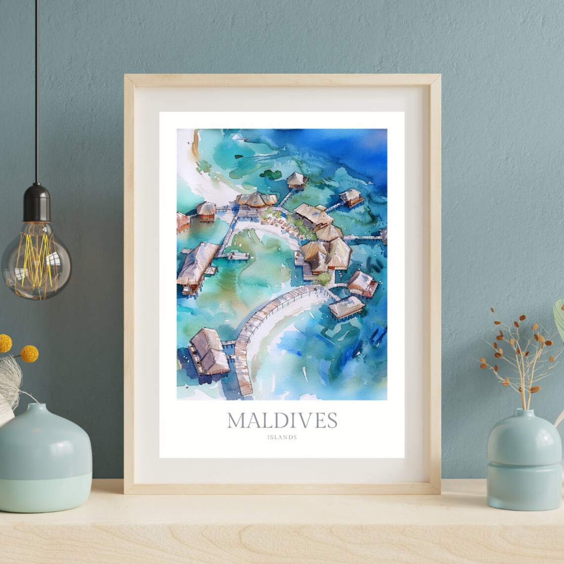 Maldives Islands Aerial Overwater Villas Turquoise Watercolor Poster - Image 2