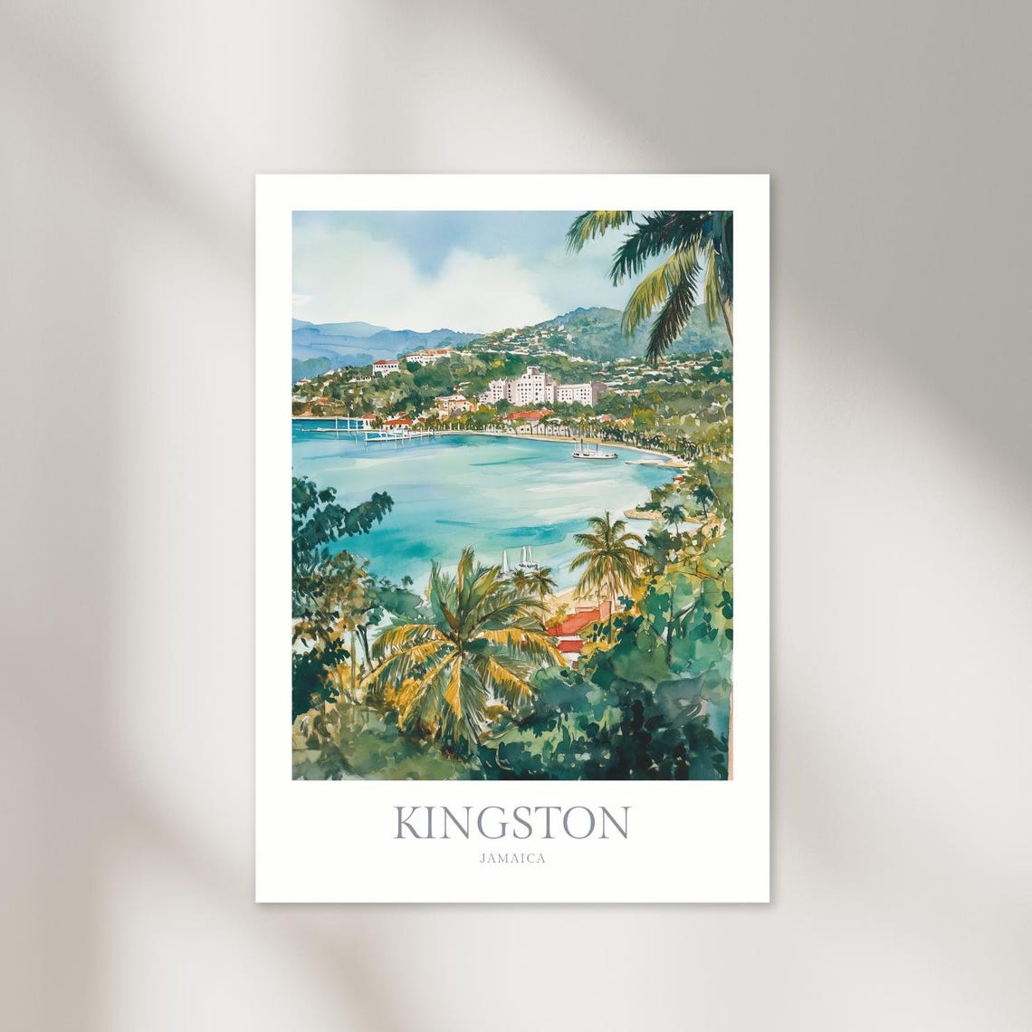 Kingston Jamaica Harbor Bay Watercolor Tropical Coast Travel Poster