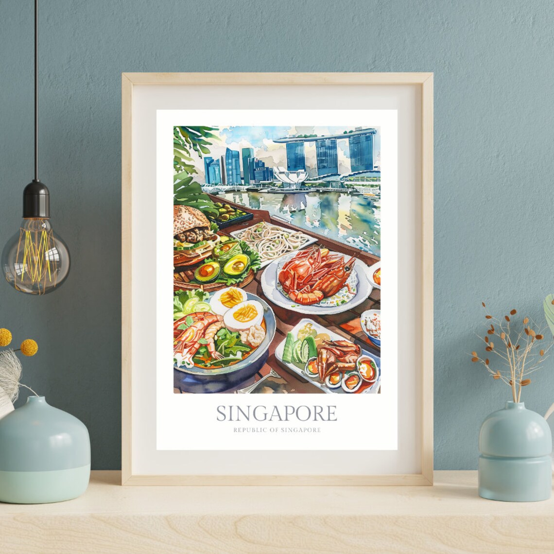 Singapore Food Feast Marina Bay Sands Skyline Watercolor Travel Poster - Image 2