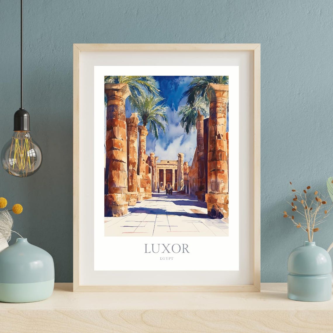 Luxor Egypt Ancient Temple Columns Blue Sky Watercolor Travel Poster - Image 3