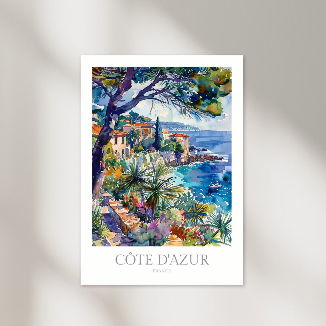 French Riviera Watercolor Travel Poster, Cte Dazur