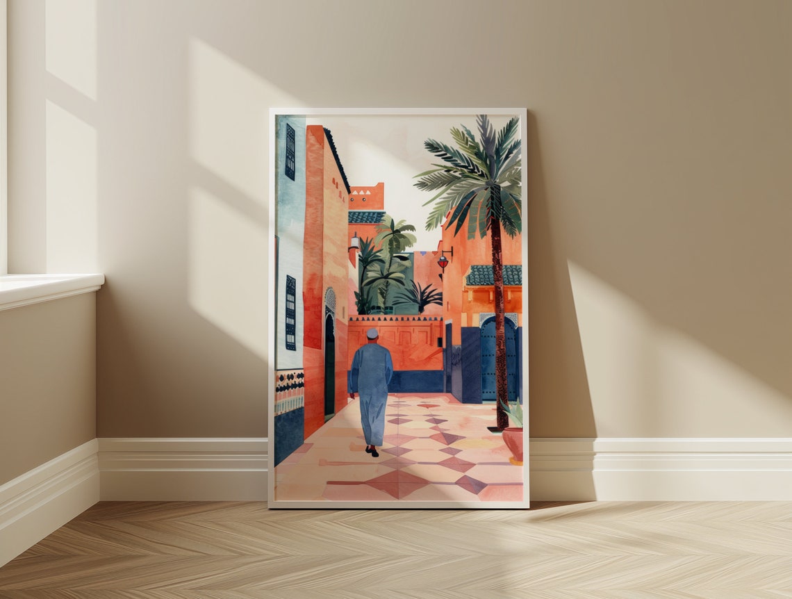 Morocco Terracotta Old Town Street Palm Trees Watercolor Art Print - Image 3