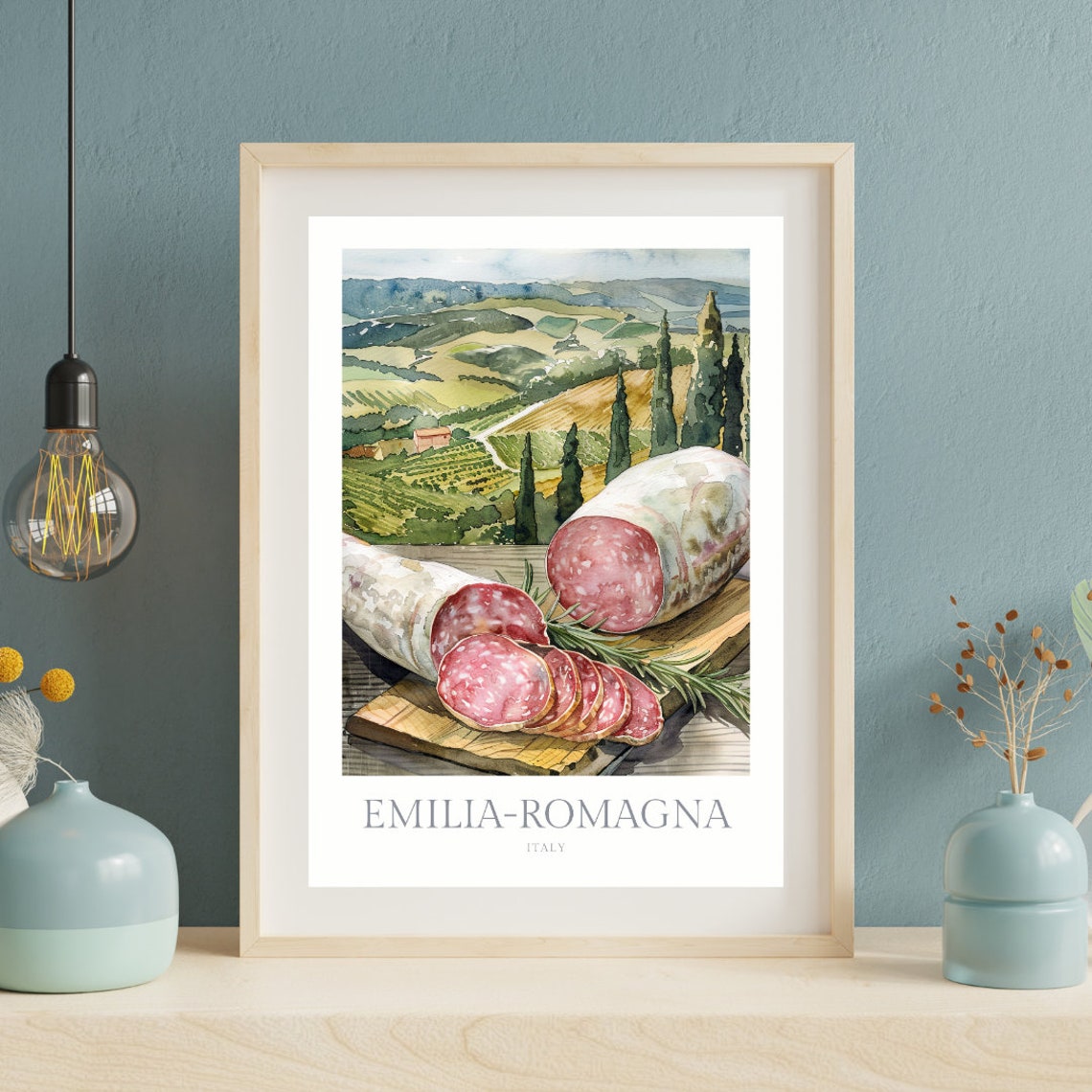Emilia Romagna Italy Salami Board Rolling Hills Watercolor Food Poster - Image 2