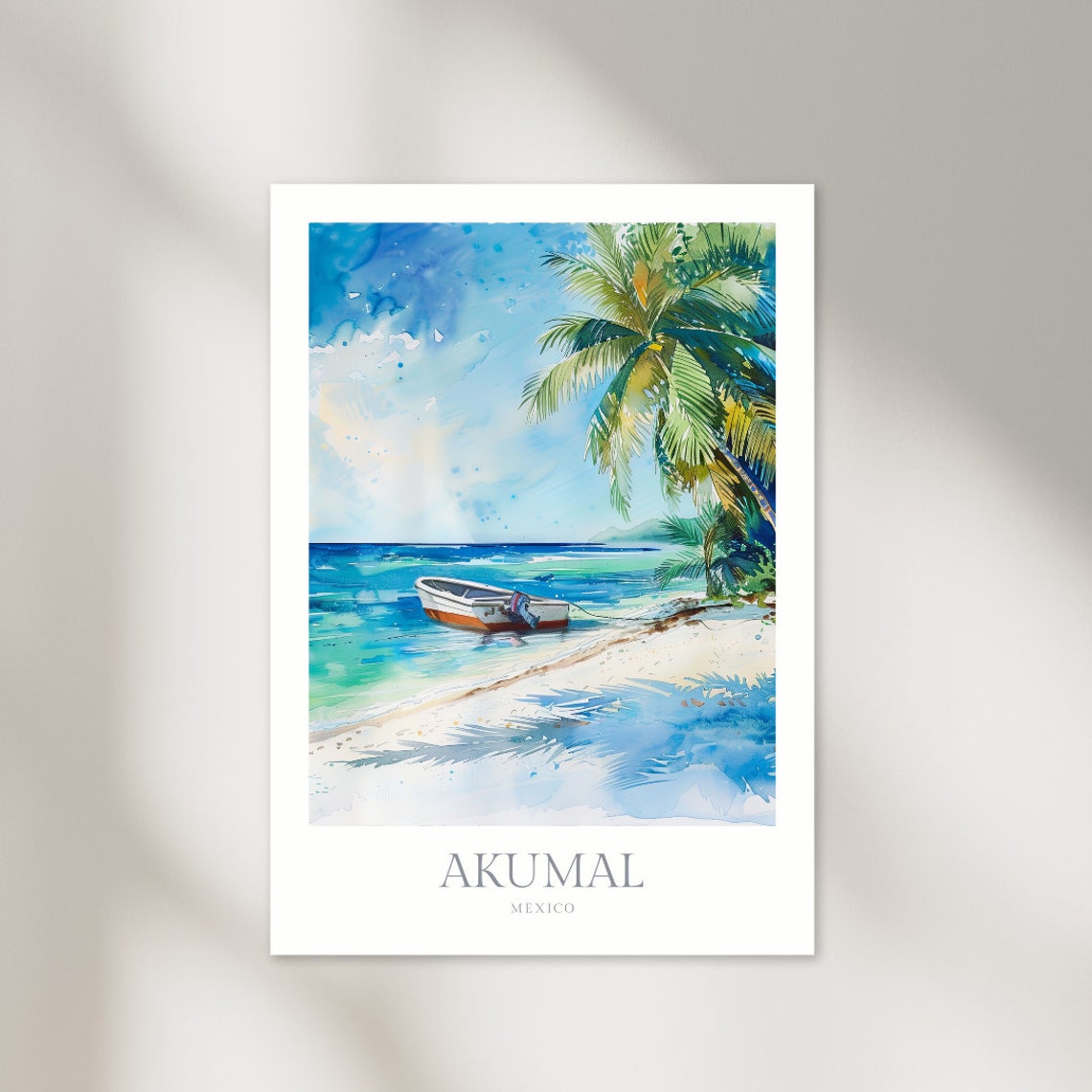 Akumal Mexico Beach Boat Watercolor Tropical Caribbean Style Poster