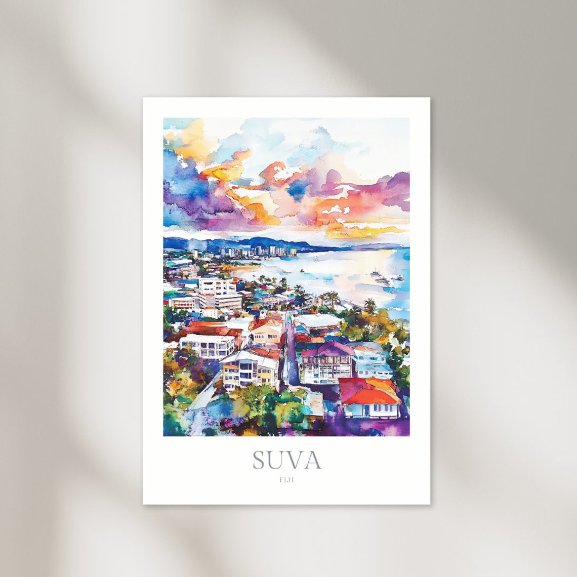 Suva Fiji Harbor City Sunset Watercolor Tropical Travel Poster