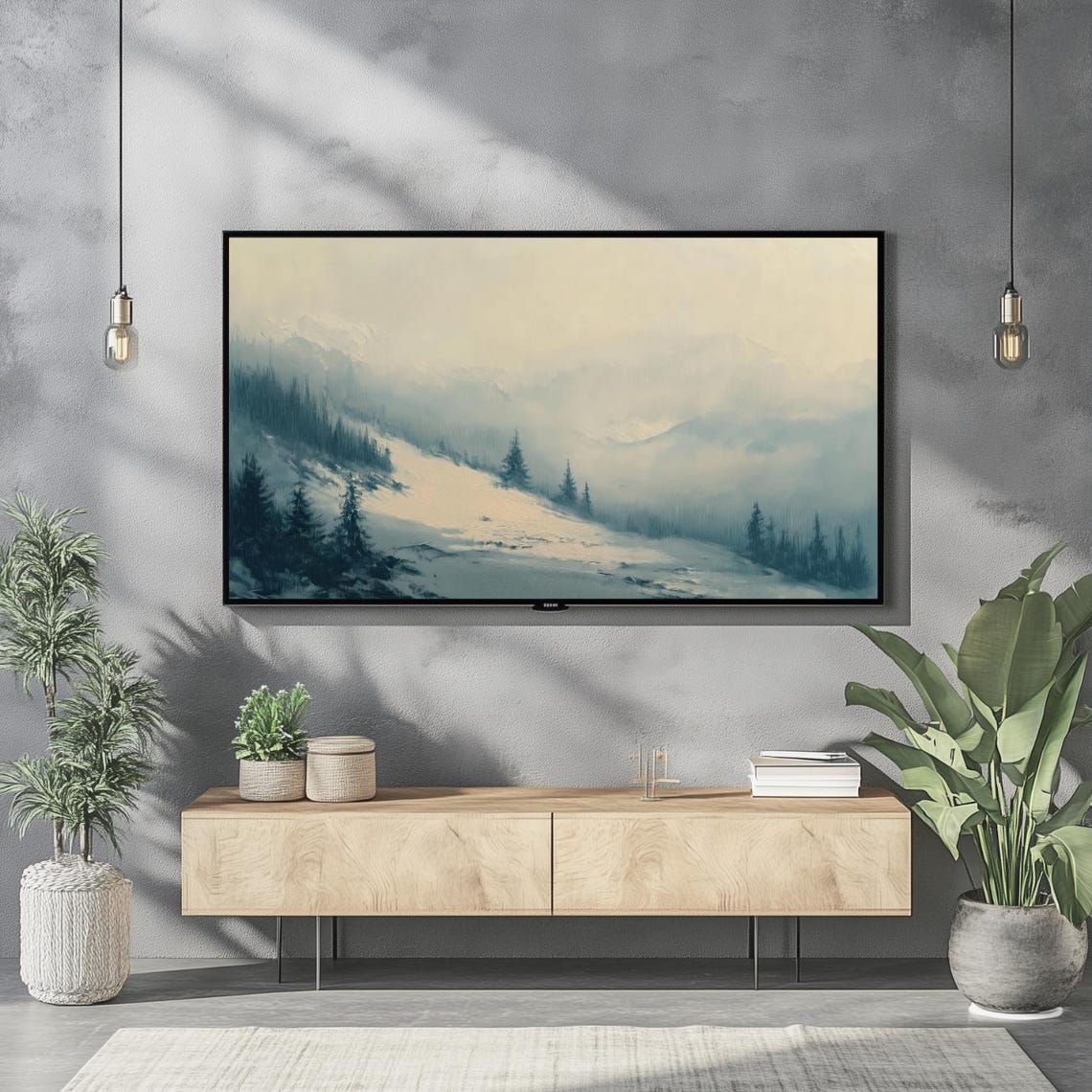 Misty Snowy Mountain Slope Pine Trees Winter Landscape Frame TV Poster - Image 2