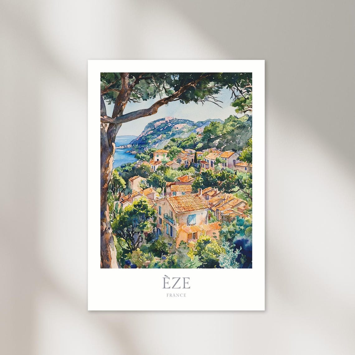 Èze France Watercolor Hillside Village Riviera Travel Poster