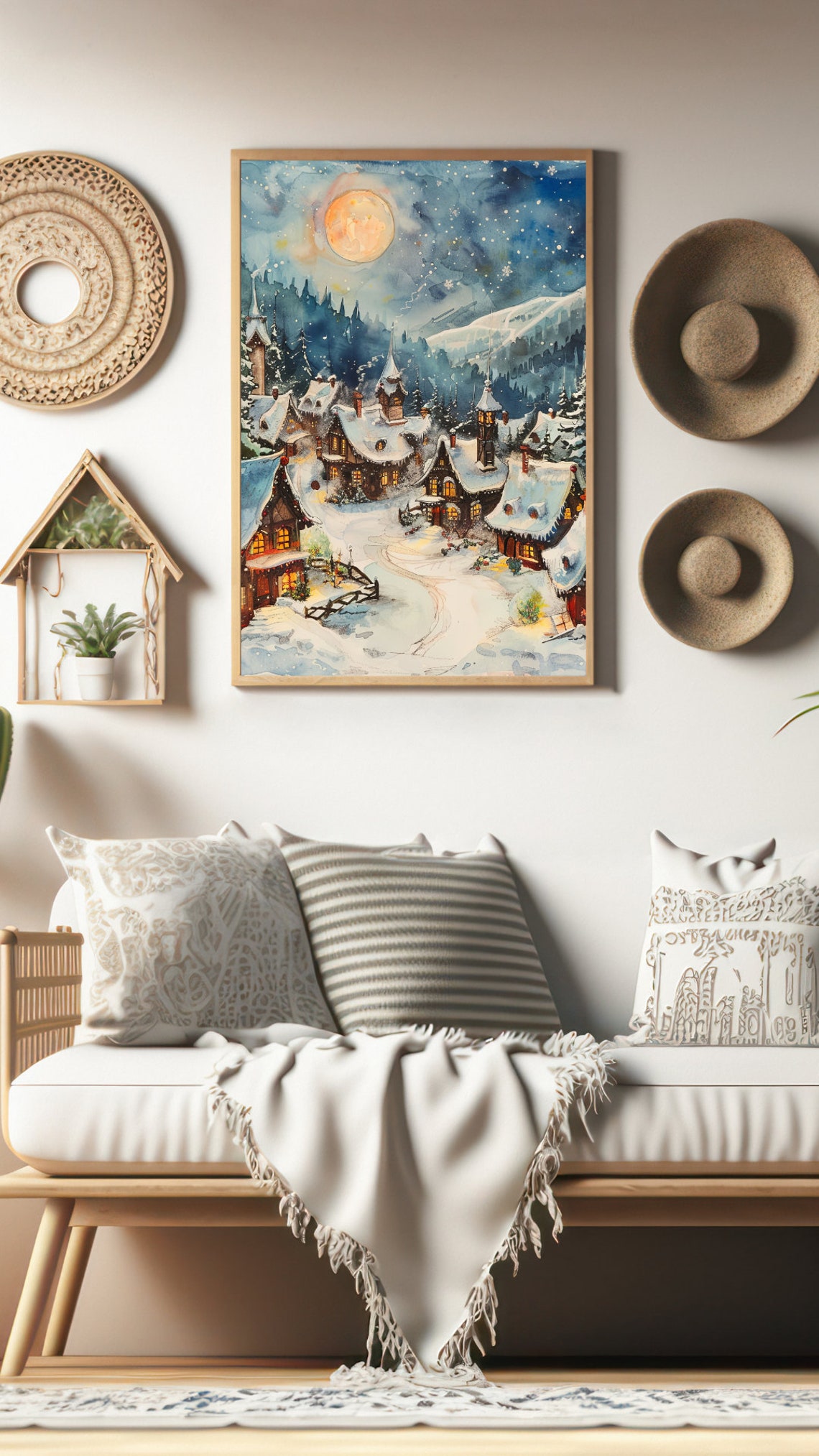 Santa Claus Village Winter Night Snowy Moonlit Watercolor Art Print - Image 2