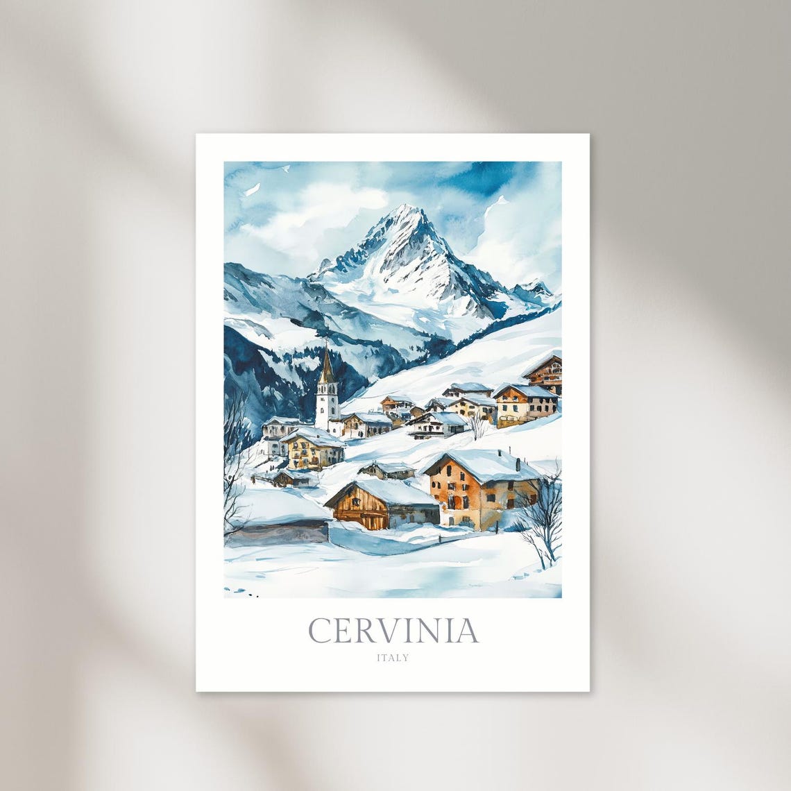Cervinia Italy Snowy Alpine Village Peak Watercolor Travel Poster