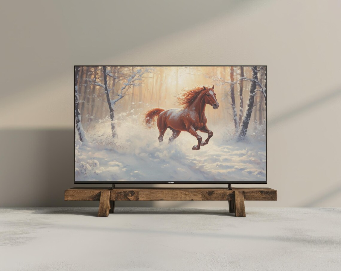 Chestnut Horse Galloping Through Snowy Forest Winter Sunrise Art Poster - Image 3