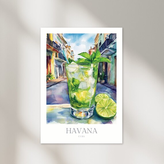 Havana Cuba Mojito Cocktail Watercolor Tropical Travel Poster