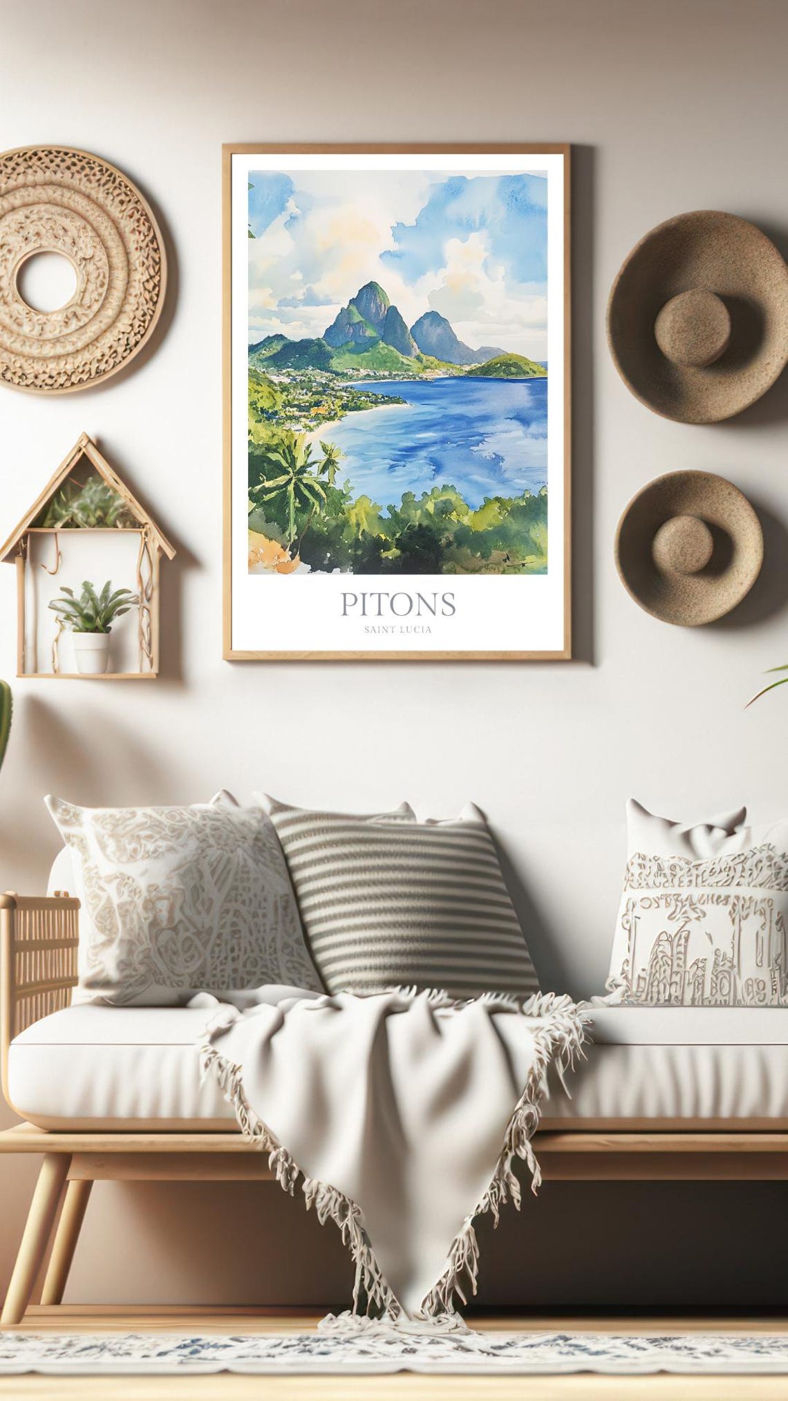 Pitons Saint Lucia Caribbean Watercolor Bay Mountains Art Poster - Image 2