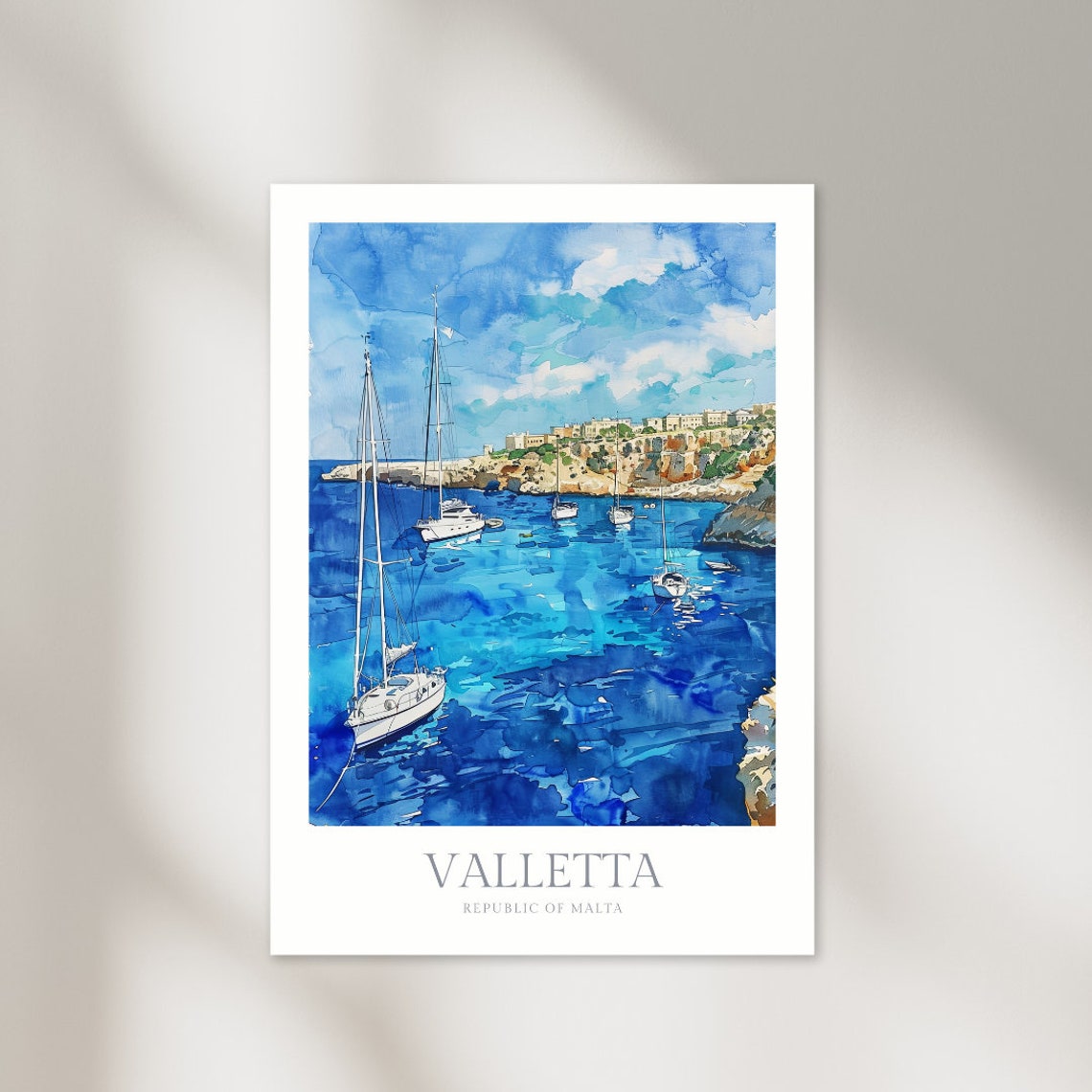 Valletta Malta Sailboats Blue Harbor Coast Watercolor Travel Poster