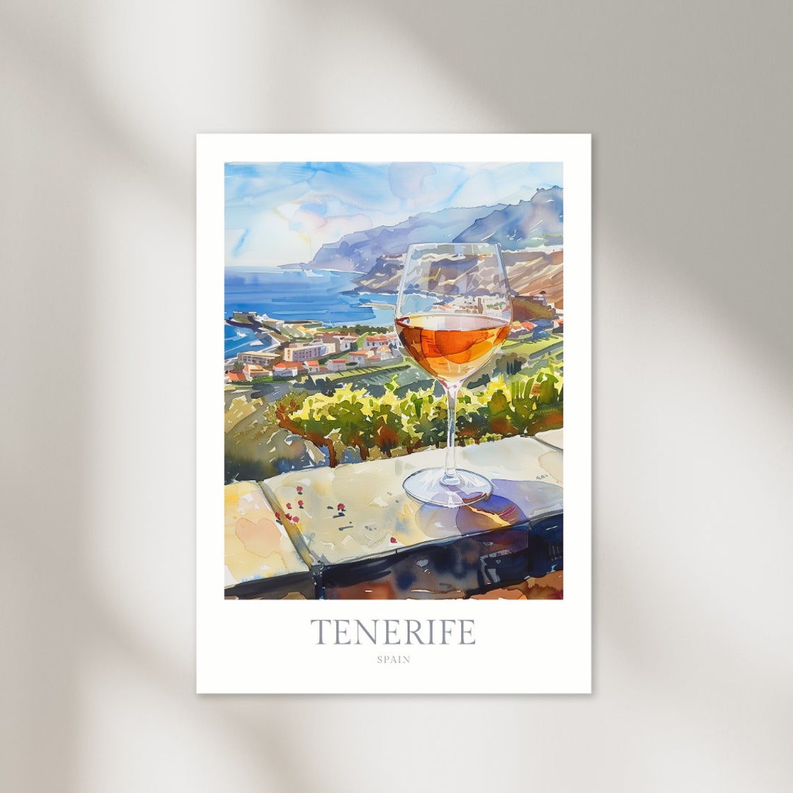 Tenerife Spain Coastal Vineyard Wine Glass Watercolor Art Poster
