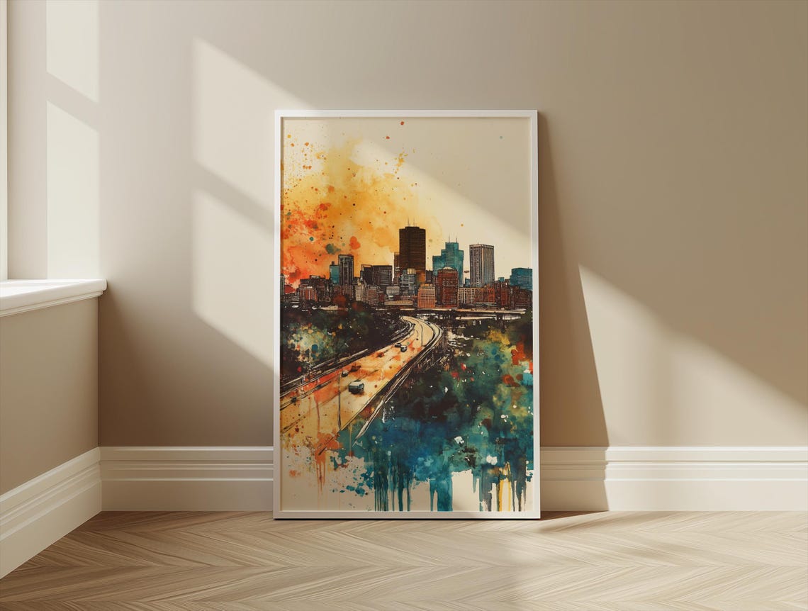 Boston Skyline Retro Watercolor Highway Bridge Sunset Art Poster