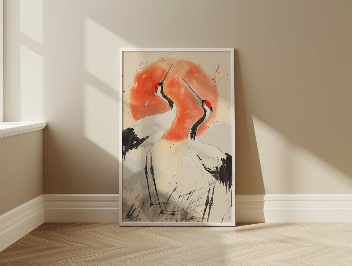 Red Crowned Cranes Red Sun Japanese Ink Watercolor Art Print - Image 3