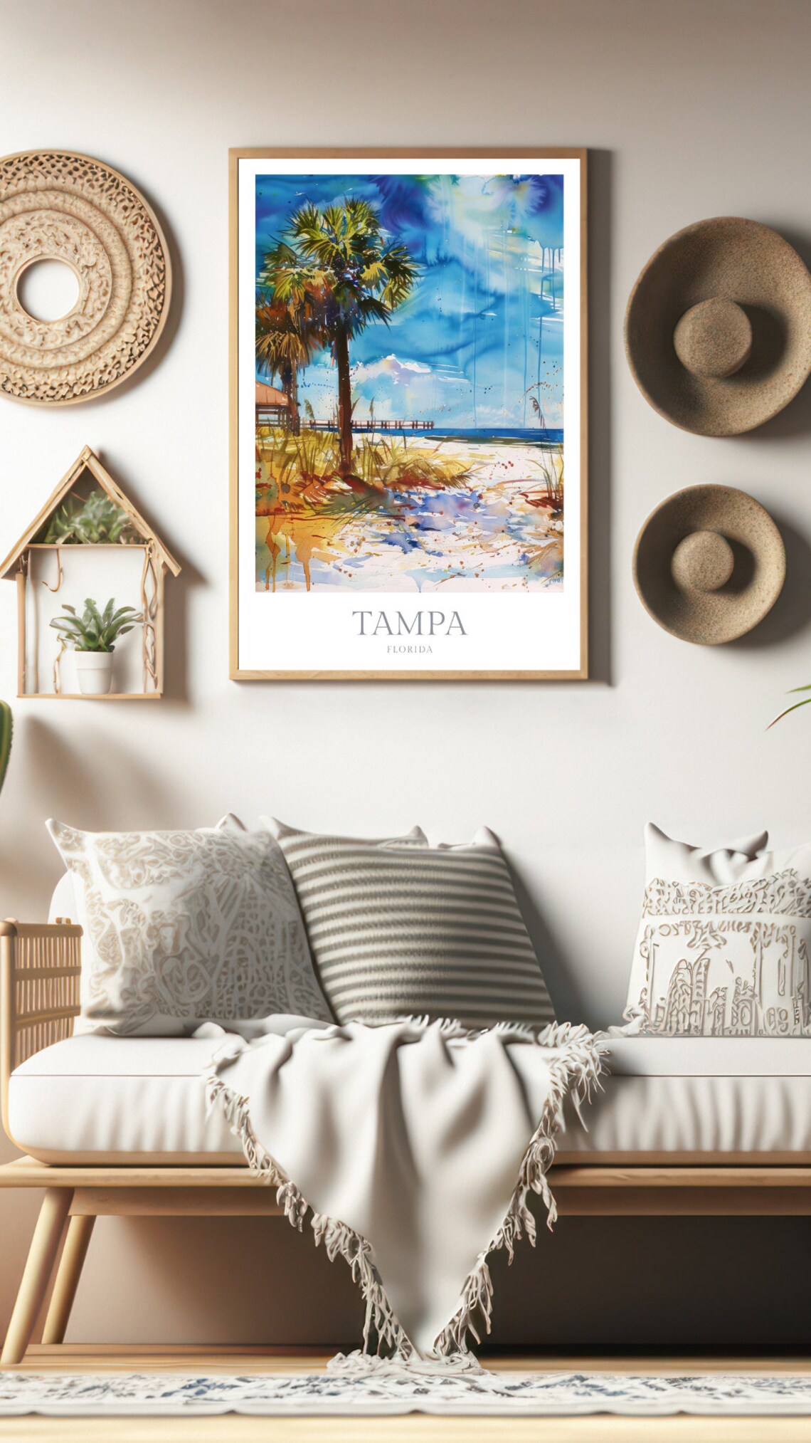 Tampa Florida Palm Trees Beach Pier Watercolor Travel Poster - Image 2