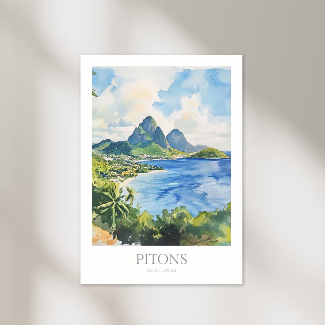 Pitons Saint Lucia Caribbean Watercolor Bay Mountains Art Poster