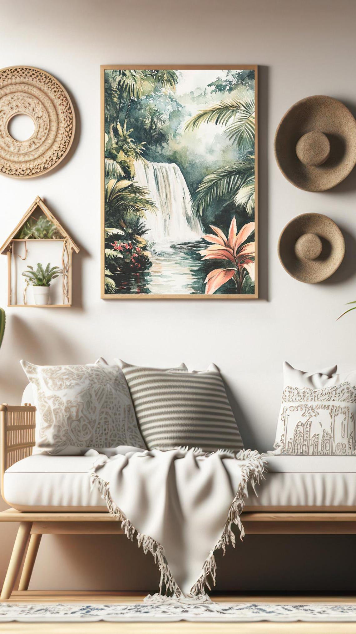 Costa Rica Jungle Waterfall Palm Rainforest Watercolor Art Poster - Image 2