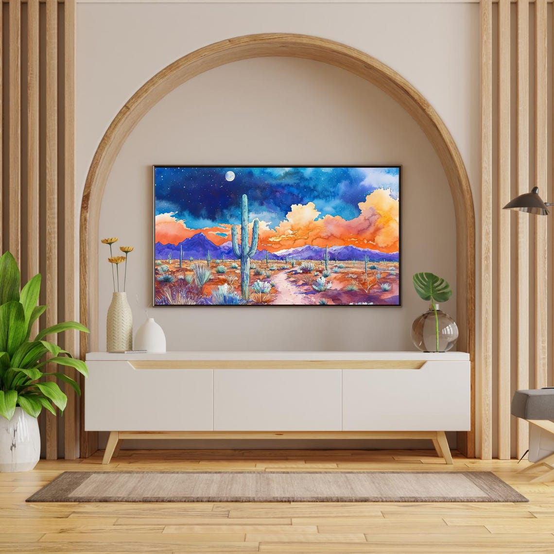 Arizona Sonoran Desert Watercolor Saguaro Cactus Sunset Wall Art - Image 2