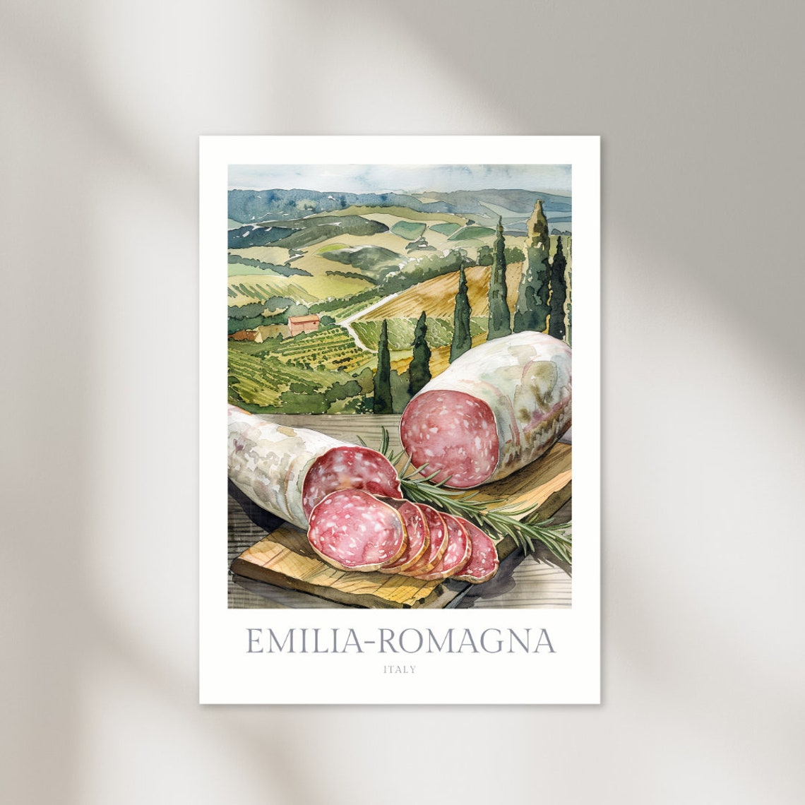Emilia Romagna Italy Salami Board Rolling Hills Watercolor Food Poster