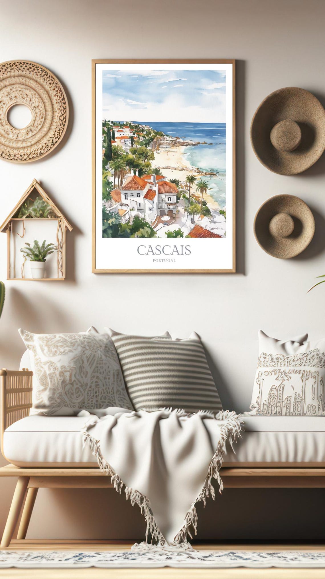 Cascais Portugal Beach Red Roofs Watercolor Coastal Travel Wall Art - Image 3