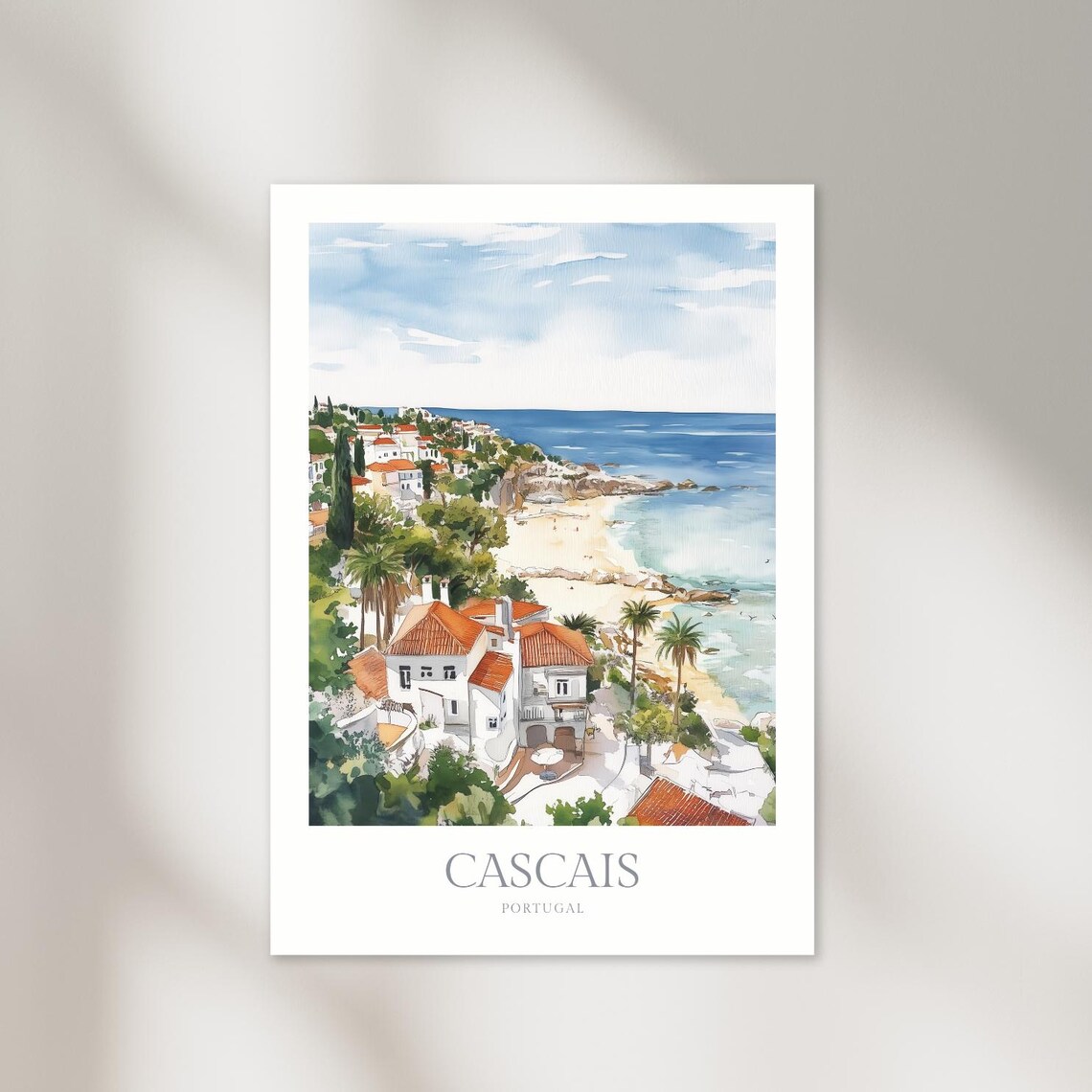 Cascais Portugal Beach Red Roofs Watercolor Coastal Travel Wall Art