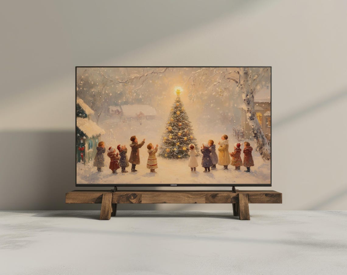 Vintage Christmas Tree Children Snowy Night Frame TV Print Art