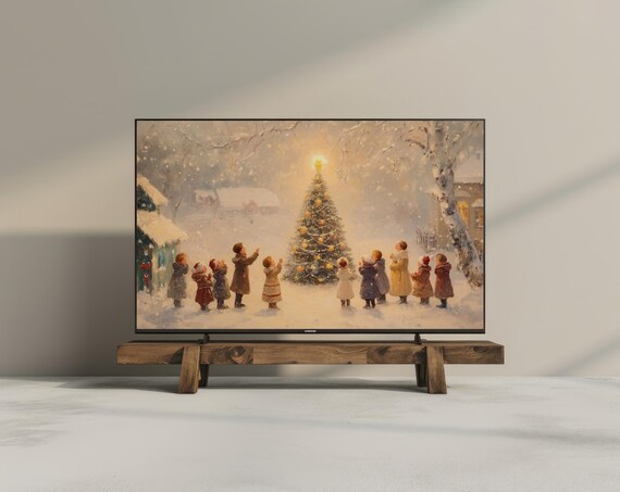 Vintage Christmas Tree Children Snowy Night Frame TV Print Art