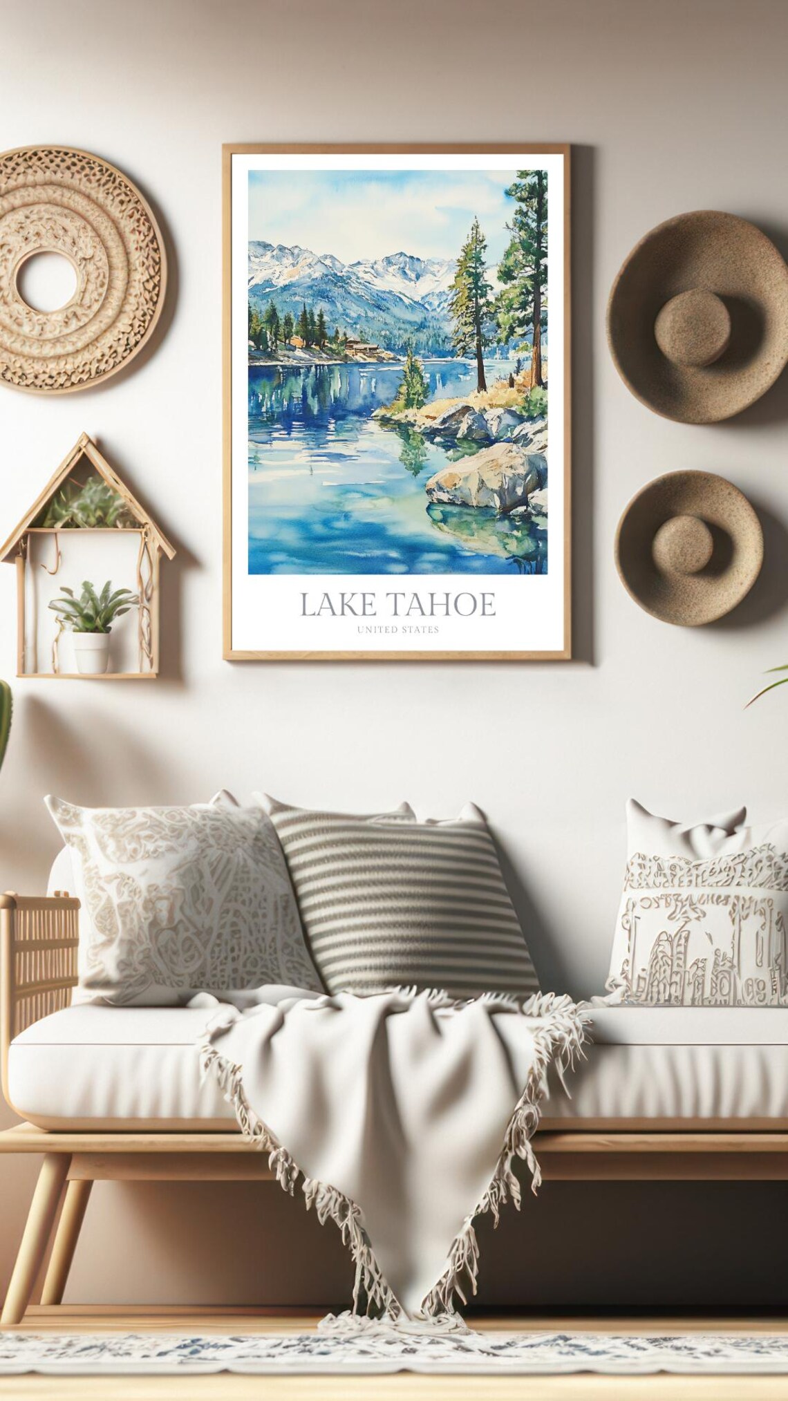 Lake Tahoe United States Pine Shoreline Snowy Peaks Watercolor Poster - Image 3
