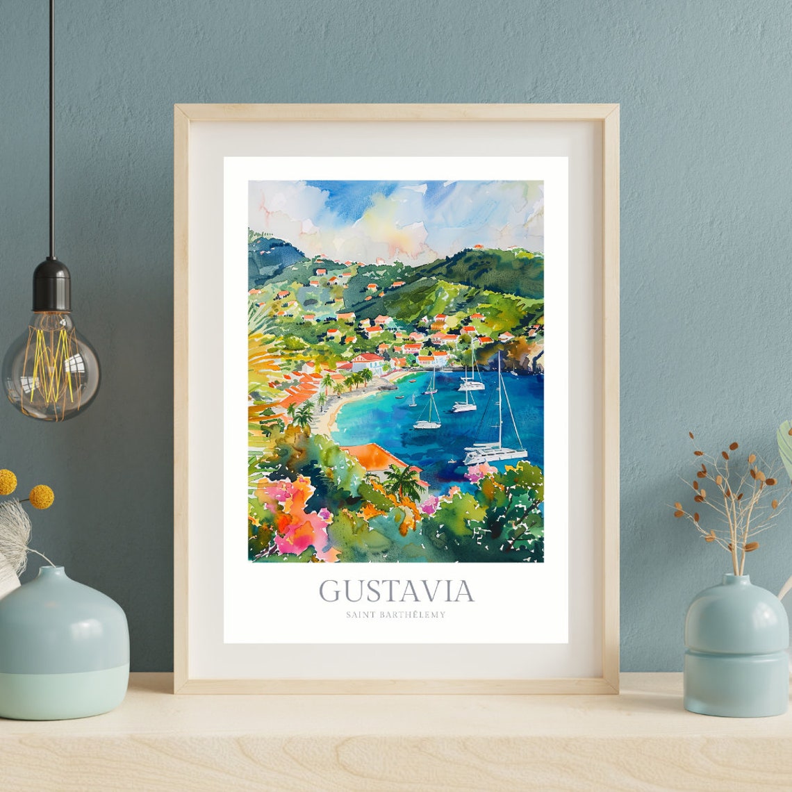 Gustavia Saint Barthelemy Harbor Sailboats Caribbean Watercolor Poster - Image 2