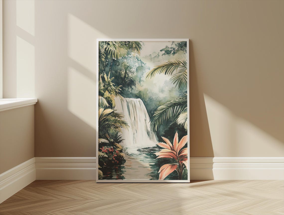 Costa Rica Jungle Waterfall Palm Rainforest Watercolor Art Poster - Image 3