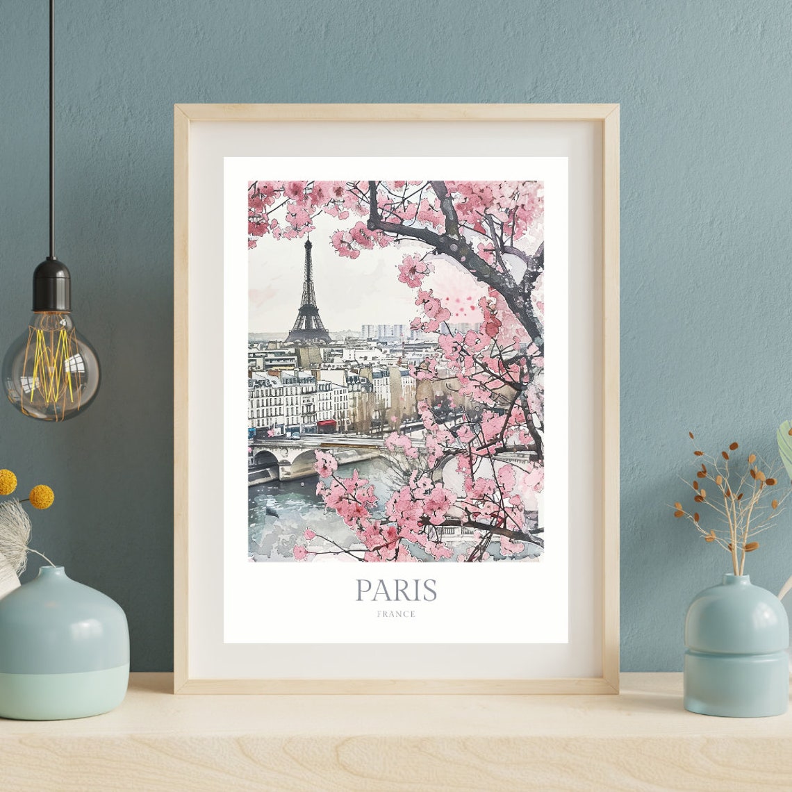 Paris France Eiffel Tower Cherry Blossom Watercolor Travel Poster - Image 2