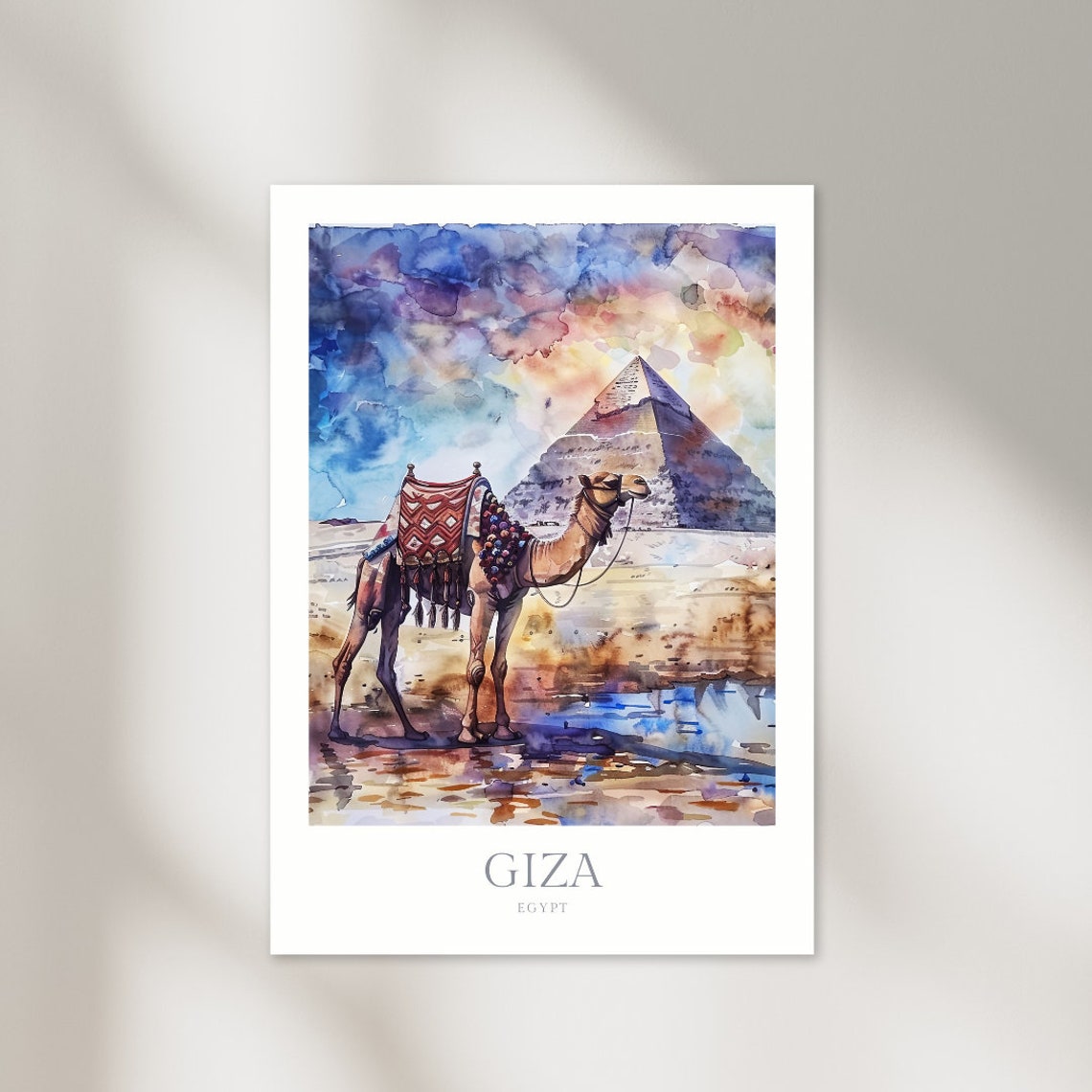 Giza Egypt Watercolor Travel Poster with Camel and Pyramid Scene