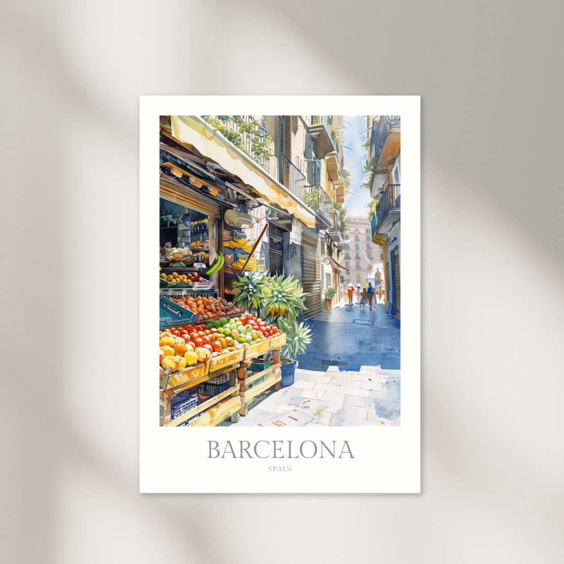 Barcelona Spain Fruit Market Street Watercolor Travel Poster