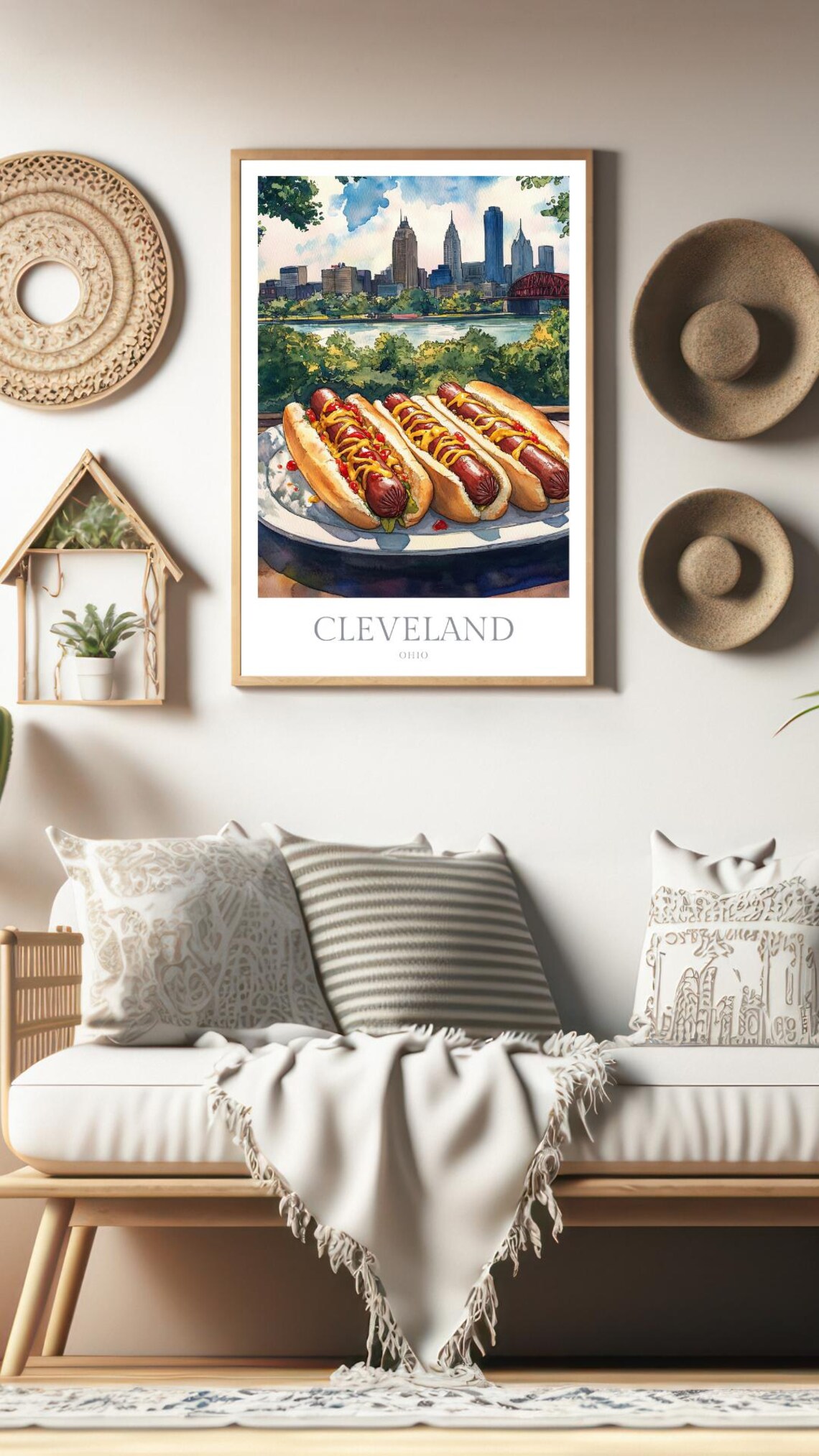 Cleveland Ohio Hot Dogs Skyline Bridge Watercolor Food Art Poster - Image 2