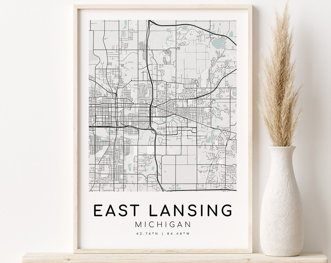 East Lansing Michigan City Street Map Coordinates College Town Poster